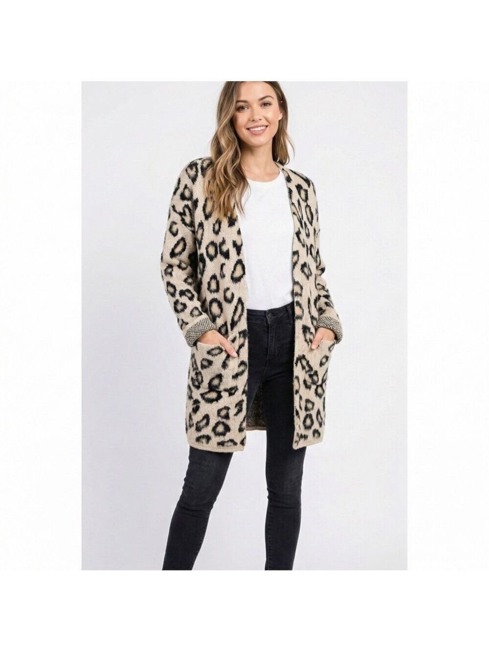 LABEL OF LOVE Leopard Print Textured Open Front Cardigan w/ Pockets US Sz M/L